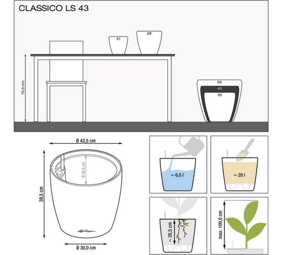Кашпо Lechuza Classico LS Complete Белый блестящий D43.5xH39.5 см 16080
