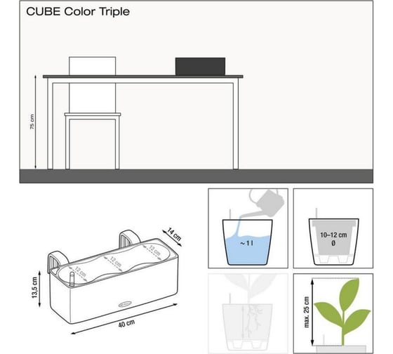 Кашпо Lechuza Cube Glossy Triple Белый блестящий 40x14xH13.5 см 13670