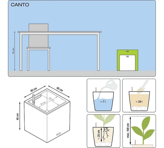 Кашпо Lechuza Canto Square Complete Серый камень 40х40хН40 см 13720