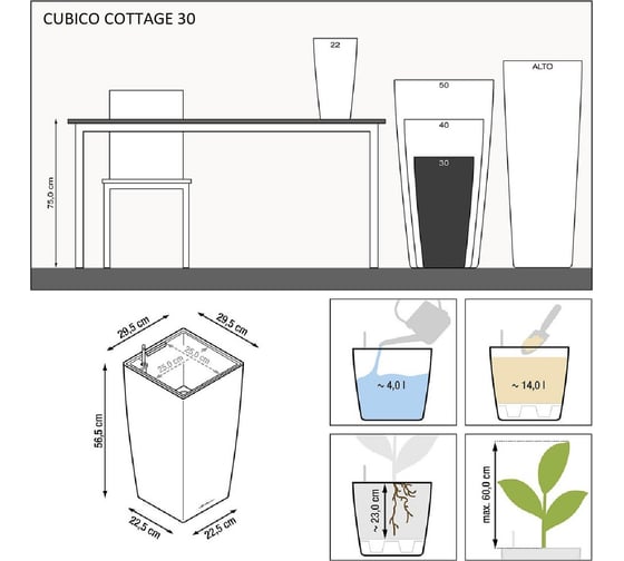 Кашпо Lechuza Cubico Cottage Complete Мокка 29.5x29.5xH56.5 см 15225