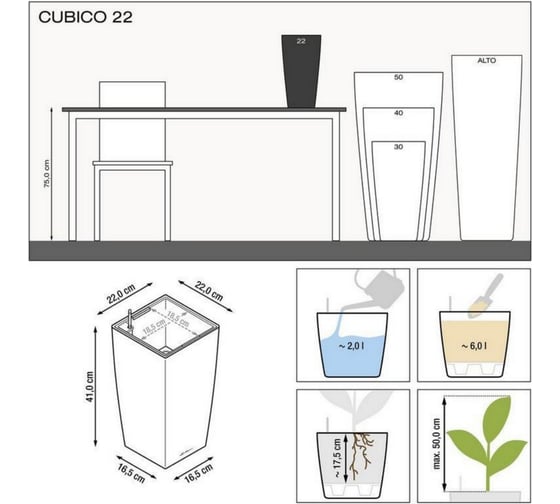 Кашпо Lechuza Cubico Complete Белый блестящий 22x22xH41 см 18460