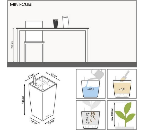Кашпо Lechuza Mini Cubico Complete Белый блестящий 9.5x9.5xH18.5 см 18120