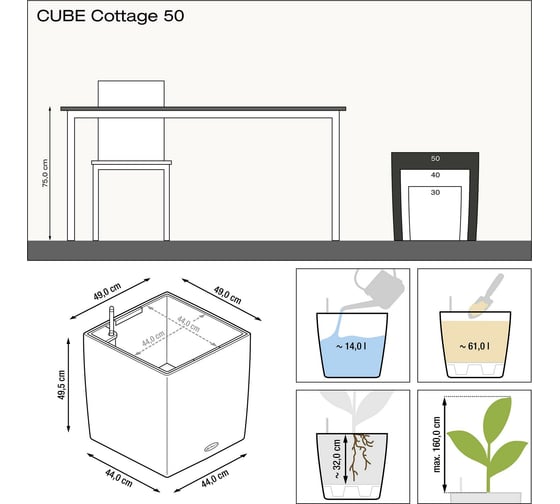 Кашпо LECHUZA Cube Cottage Complete 50x50x54 см, белое 15390