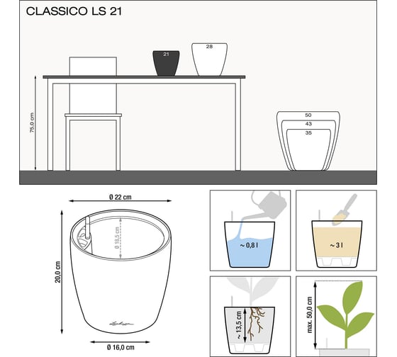 Кашпо LECHUZA Classico LS Complete 21x20 см, антрацитовый металлик 16023