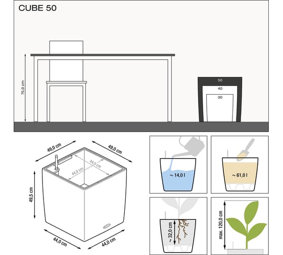 Кашпо LECHUZA Cube 50 Complete 50х50x50 см, белый блестящий 16560