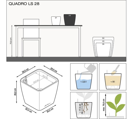 Кашпо LECHUZA Quadro LS Complete 28x28xH26 см, черный блестящий 16149