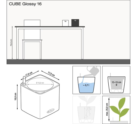 Кашпо LECHUZA Cube Glossy Complete 17x17xH16 см, антрацитовый блестящий 13521
