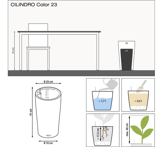 Кашпо LECHUZA Cilindro Color Complete D23хН41 см, серое 13943