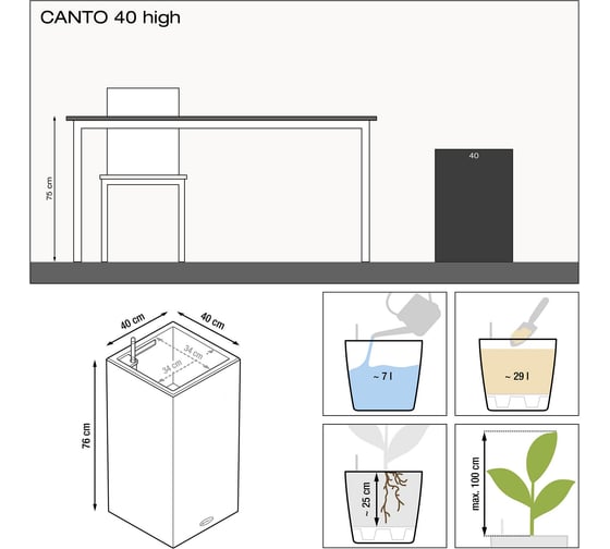 Кашпо Lechuza Canto Premium Complete 40х40хН76 см, белый блестящий 13650