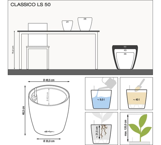 Кашпо Lechuza Classico LS Complete D50xH47 см, антрацитовый металлик 16103