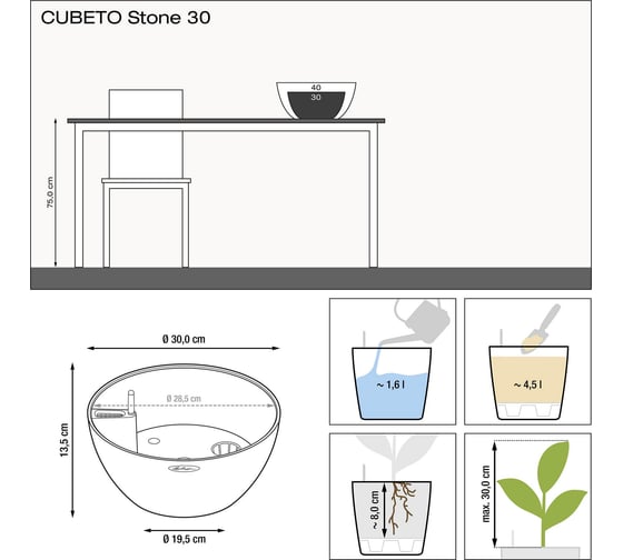 Кашпо Lechuza CUBETO Stone 30 песочный белый 13837