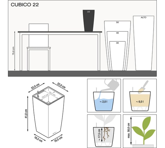 Кашпо Lechuza Cubico Complete 22x22xH41 см, черный блестящий 18469
