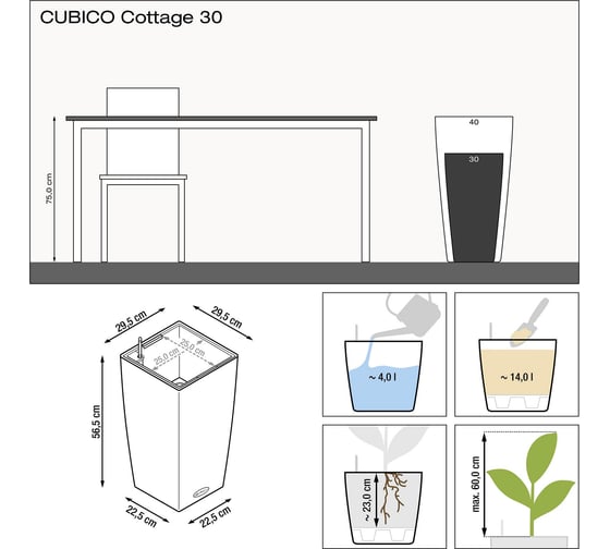 Кашпо Lechuza Cubico Cottage Complete 29.5x29.5xH56.5 см, белое 15226