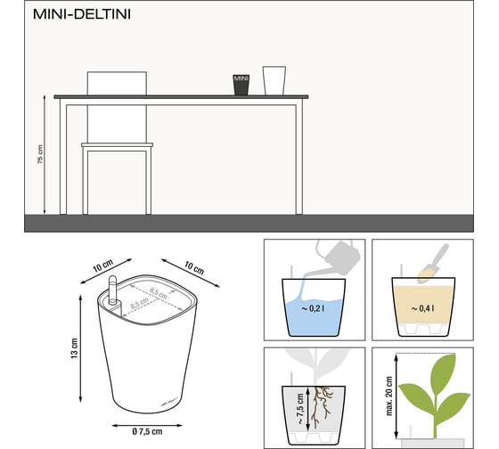 Кашпо LECHUZA Mini Deltini Complete 10xH13 см, серо-коричневый блестящий 14959