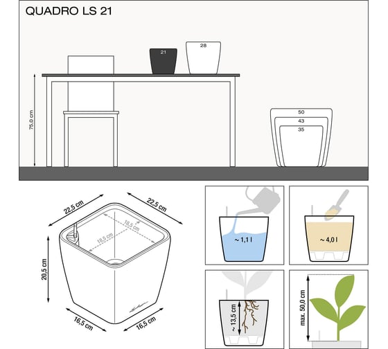 Кашпо LECHUZA Quadro LS Complete 21x21xH20 см, черный блестящий 16129