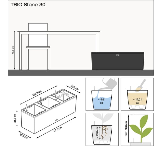 Кашпо Lechuza TRIO Stone Complete 100x32xH34 см, графитовый черный 15046