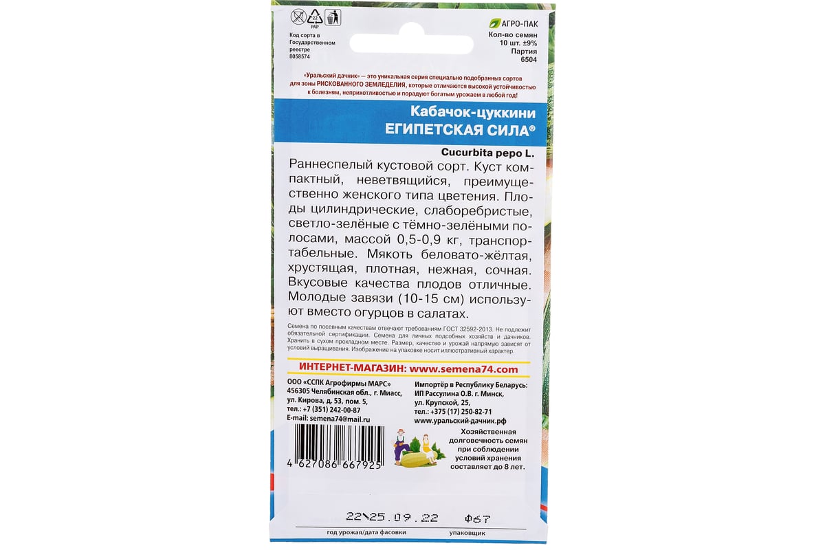 Семена Уральский дачник Кабачок цуккини Египетская Сила 10 семян 45015 ...