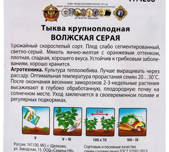 Семена РУССКИЙ ОГОРОД Тыква Волжская серая 92 200% NEW 4 г 414208