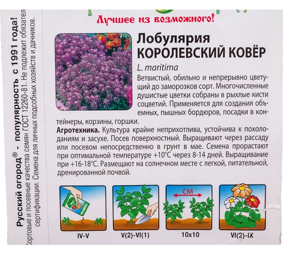 Семена РУССКИЙ ОГОРОД Цветы Лобулярия Королевский Ковер 0.08 г 702958