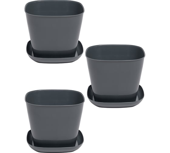Кашпо квадратное Violet 1,3л с поддоном набор 3 шт серый N-3813/3-18 1