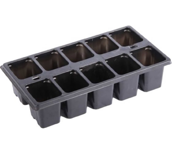 Мини-кассета для рассады ЛЕТО, 10 ячеек, 25×14×5.6 см, с ручкой, полистирол, чёрная (5622), 50 шт 96510