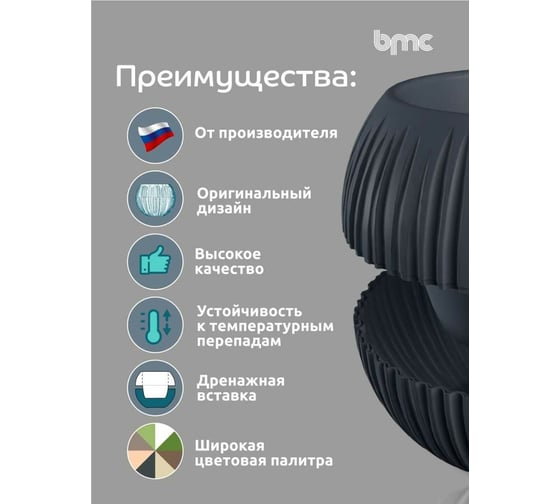 Кашпо bmc КШ-9524 Сфера диаметр 13.5 см, высота 16 см, 1.7 л, антрацит 065939