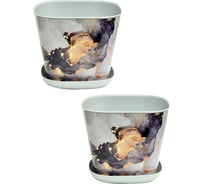 Кашпо Violet квадратное, 3.7 л, декор Мрамор, с поддоном, 2 шт., светло-серое N-Kahpo-2/-38137-50