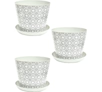 Кашпо Violet круглое, 6.5 л, декор Этника, с поддоном, 3 шт., светло-серое N-Kahpo-3/-38165-52