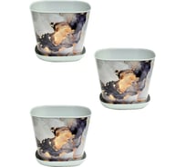 Кашпо Violet квадратное, 3.7 л, декор Мрамор, с поддоном, 3 шт., светло-серое N-Kahpo-3/-38137-50