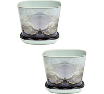 Кашпо Violet квадратное, 5 л, декор Мрамор, с поддоном, 2 шт., светло-серое N-Kahpo-2/-38150-50