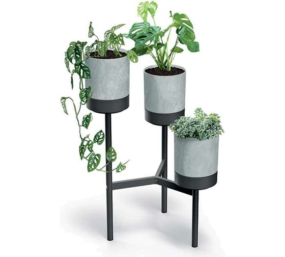 Металлическая подставка с 3-мя кашпо Prosperplast BLOOMIESTAND высота 80 см, 54х49 см, 4 л, бетон/черная 067762
