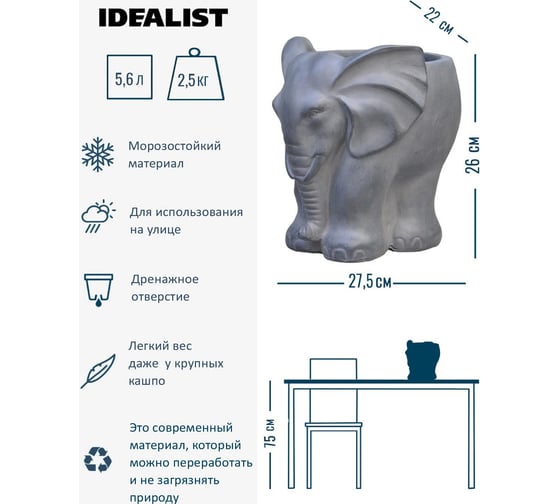 Настольное кашпо Idealist Lite Слоник, серое ELPHT-ONE-LG-27