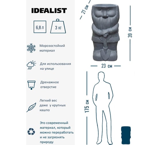 Настольное кашпо Idealist Lite Гном с лопатой, серое GNM-ONE-LG-23