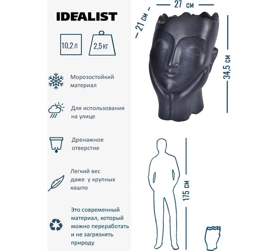 Напольное кашпо Idealist Lite Женская голова, файберстоун, черное WFP-BLK-27