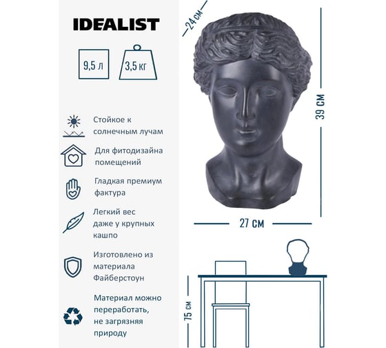 Настольное кашпо Idealist Lite Античная женская голова, файберстоун, черное ANT-FP-W-BLK-27