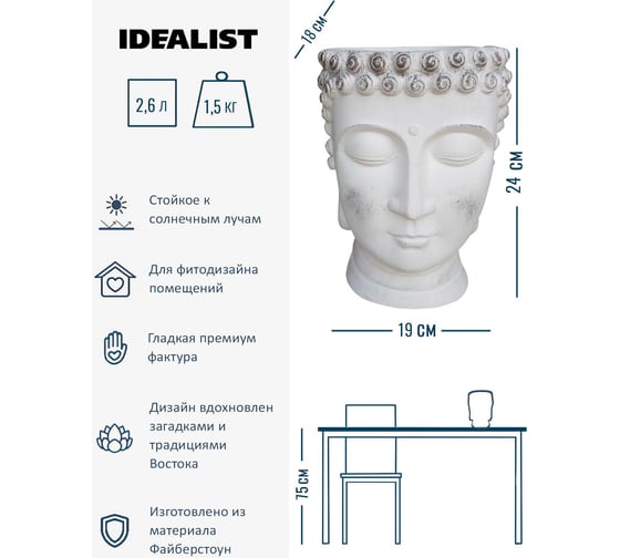 Настольное кашпо Idealist Lite Голова Будды, файберстоун, белое BUD-FP-AW-19