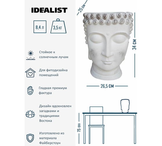 Настольное кашпо Idealist Lite Голова Будды, файберстоун, белое BUD-FP-AW-26