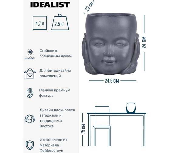 Настольное кашпо Idealist Lite Голова малыша-монаха, серое KID-FP-TWO-LG-24