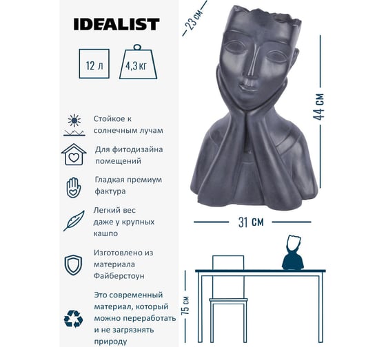 Напольное кашпо Idealist Lite Женское лицо, файберстоун, черное YFP-TWO-BLK-31