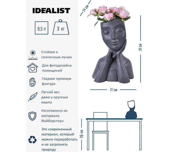 Напольное кашпо Idealist Lite Женское лицо, файберстоун, черное YFP-ONE-BLK-25