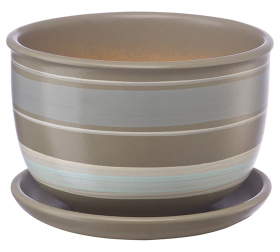 Керамический горшок с подставкой Вещицы 0.5 л, диаметр 130 мм, высота 90 мм, серый с белыми полосками BH-18-8 1