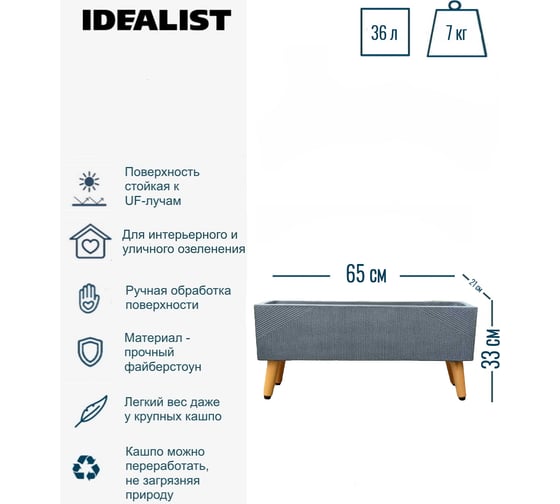 Напольное кашпо на ножках Idealist Lite урбан, антрацит, длина 65 см, ширина 21 см, высота 33 см, 36л URBTL33-GR