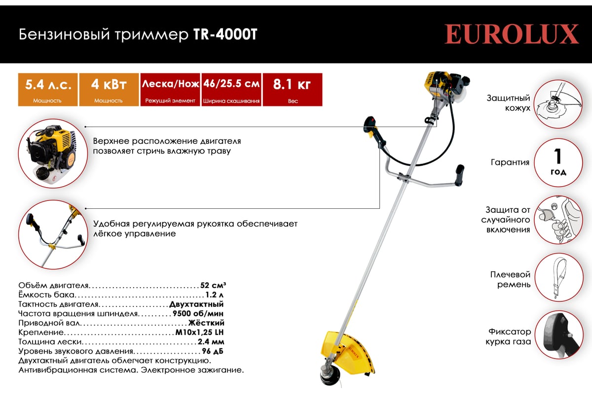 Бензиновый триммер Eurolux TR-4000T 70/2/26 - выгодная цена, отзывы,  характеристики, фото - купить в Москве и РФ