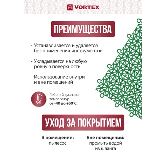 Универсальное пластиковое покрытие VORTEX 1 м2, 9 плиток, зеленое 05365