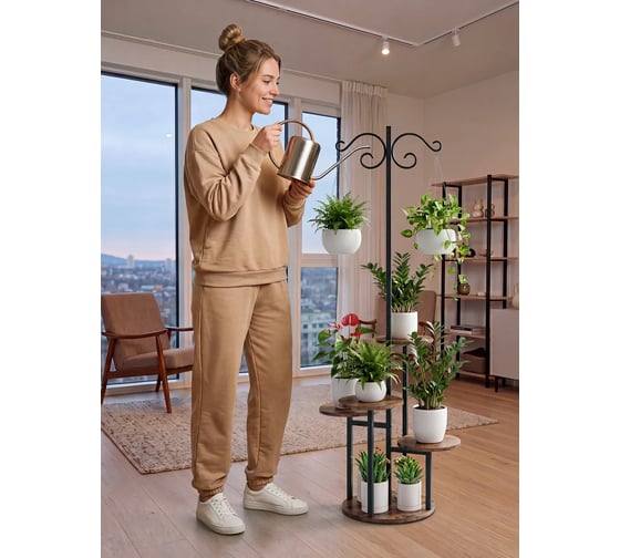 Подставка №17 GARDEN SHOW, 5 полок, крючки, МДФ (орех), 51*51*135 см, металл черный 266598