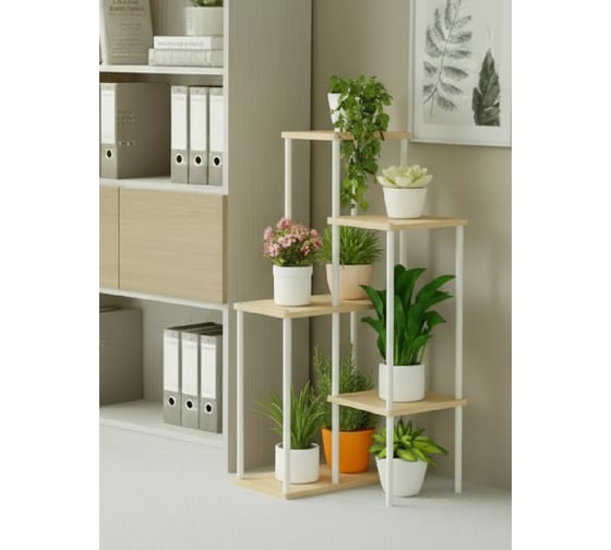 Подставка №13 GARDEN SHOW 5 полок, МДФ (светлое дерево), 45,1х40х85,6 см, металл белый, 266717