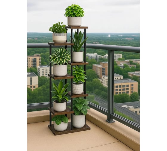 Подставка № 10 для высоких растений GARDEN SHOW, 8 мест, МДФ (венге), 46х27,5х154,5 см, металл черный, с креплением к стене 266689