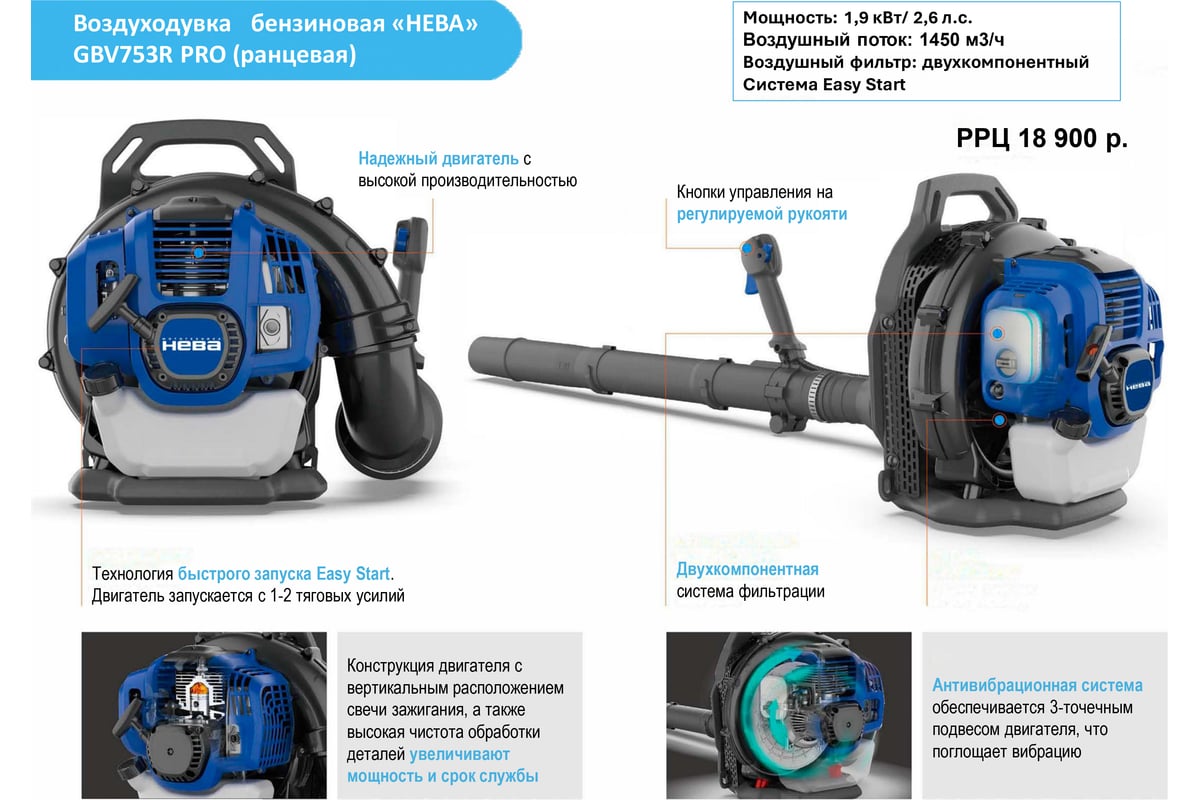 Воздуходувка бензиновая НЕВА Мототехника GBV753R PRO ранцевая 4650002231474  - выгодная цена, отзывы, характеристики, фото - купить в Москве и РФ