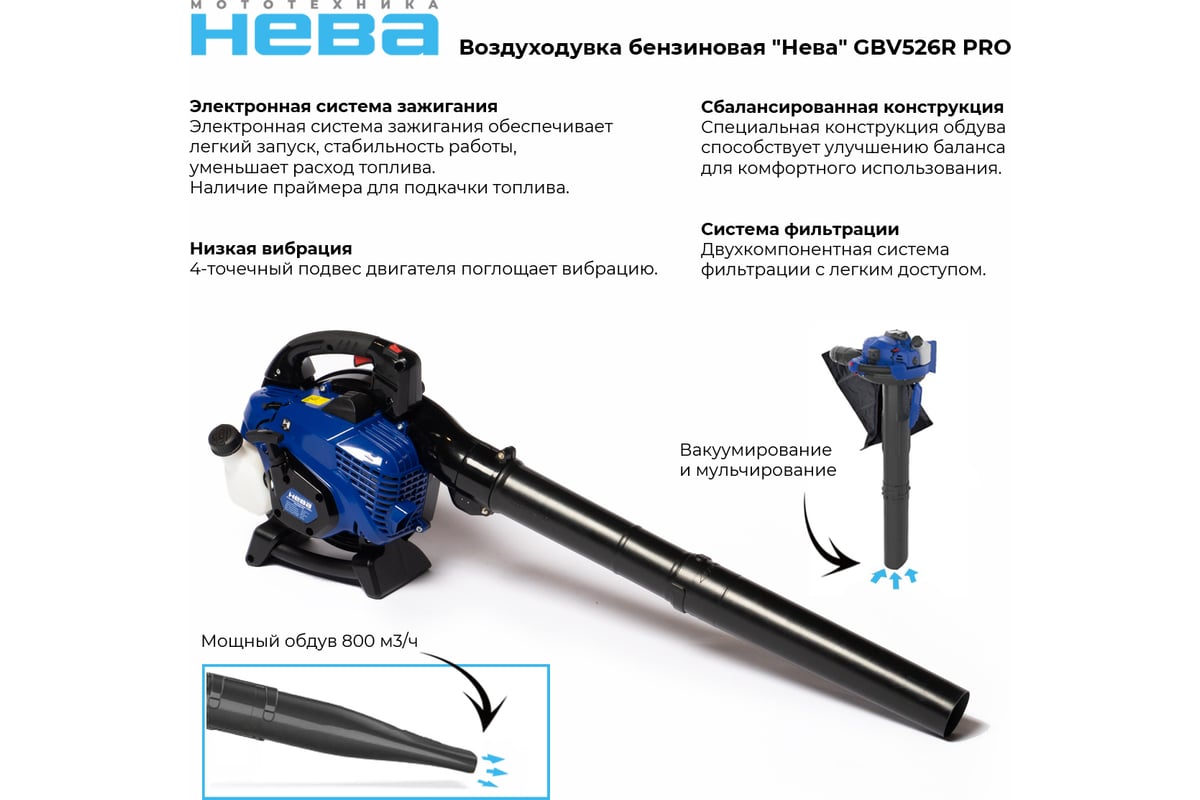 Бензиновая воздуходувка НЕВА Мототехника GBV526R PRO 4650002230774 -  выгодная цена, отзывы, характеристики, фото - купить в Москве и РФ