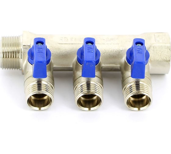 Коллектор Tiemme 3 отвода, с шар. клапанами 1х1/2"(16) (никель) 1820007 / 1833N160403